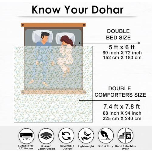 Story@Home Dohar Double Bed Cotton 100% | 150Gsm Quilt Blanket For Summer | 225 X240 Cm Reversible And Cozy Ac Comforter Double Bed | White & Olive Green Leaf Design Design Duvet | Ideal For Gifting