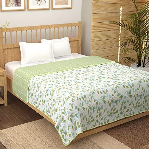 Story@Home Dohar Double Bed Cotton 100% | 150Gsm Quilt Blanket For Summer | 225 X240 Cm Reversible And Cozy Ac Comforter Double Bed | White & Olive Green Leaf Design Design Duvet | Ideal For Gifting