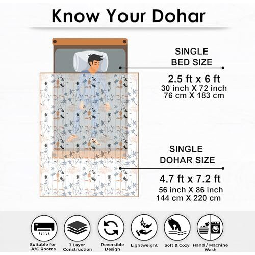 Story@Home Dohar Single Bed 100% Cotton Blankets For Summer | 144X 220Cm, 150Gsm Ac Comforter And Cooling Blankets For Summer | Grey & Yellow | Floral Pattern | Quilt | Ideal For Gifting