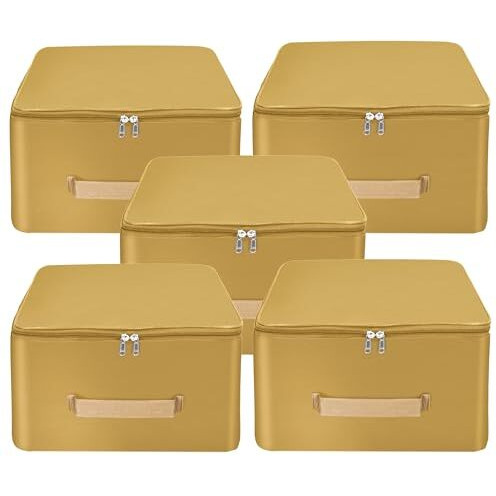 Storite 5 Pack Nylon Wardrobe Bag Underbed Moisture Proof Cloth Storage Organizer, Storage Box For Clothes Saree Bags With Zippered Closure & Handle (Mustard, 38X35.5X24 Cm) Square