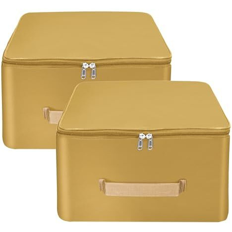 Storite 2 Pack Nylon Wardrobe Bag Underbed Moisture Proof Cloth Storage Organizer, Storage Box For Clothes Saree Bags With Zippered Closure & Handle (Mustard, 38X35.5X24 Cm) Square