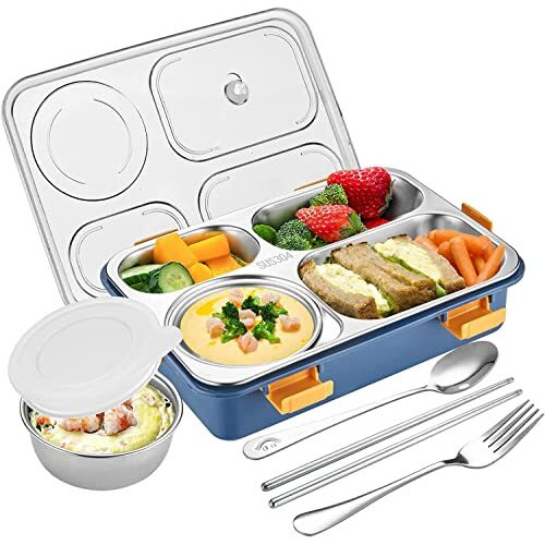 Brand Conquer Lunch Boxes For Adults - Lunch Box For Kids With Spoon & Fork - Durable Perfect Size For On-The-Go Meal, Bpa-Free And Food 4 Compartment Stainless Steel (4 Compartment, Blue), 1.3 Liters
