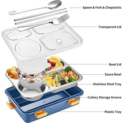 Brand Conquer Lunch Boxes For Adults - Lunch Box For Kids With Spoon & Fork - Durable Perfect Size For On-The-Go Meal, Bpa-Free And Food 4 Compartment Stainless Steel (4 Compartment, Blue), 1.3 Liters