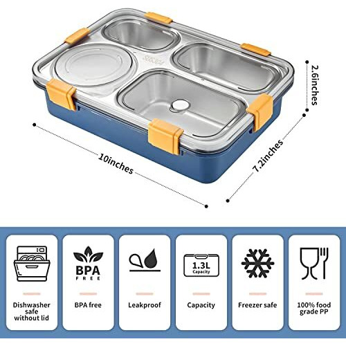 Brand Conquer Lunch Boxes For Adults - Lunch Box For Kids With Spoon & Fork - Durable Perfect Size For On-The-Go Meal, Bpa-Free And Food 4 Compartment Stainless Steel (4 Compartment, Blue), 1.3 Liters
