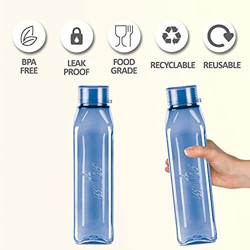 Milton Prime Water Bottles Pack Of 2, 1 Litre Each, Blue, Reusable Plastic Fridge Bottle Set, Bpa Free And Leak Proof Waterbottles For School, Travel, Work