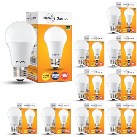 Wipro Polycarbonate Garnet Base E27 9-Watt Led Bulb (Warm White) - Pack Of 10
