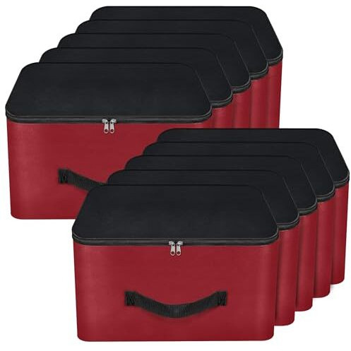 Storite 10 Pack Nylon Underbed Moisture Proof Wardrobe Organizer Storage Bag For Clothes With Zipper Closure And Handle Square - (Red & Black, 38.1X25.4X35 Cm)