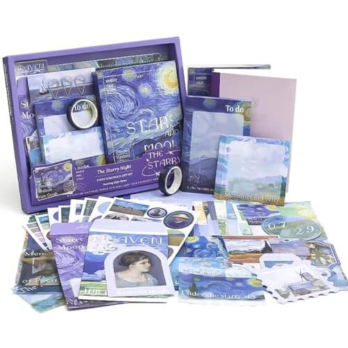 Vibevista Vintage Aesthetic Scrapbook Kit, 346 Pcs, A6 Grid Notebook, Washi , Envelopes, Scrapbook Papers, Folding Labels, Background Papers, Photo Frames, Calendar Stickers, Stickers (The Starry Night)