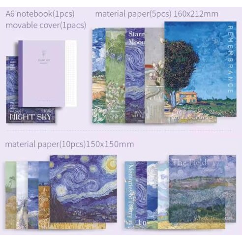 Vibevista Vintage Aesthetic Scrapbook Kit, 346 Pcs, A6 Grid Notebook, Washi , Envelopes, Scrapbook Papers, Folding Labels, Background Papers, Photo Frames, Calendar Stickers, Stickers (The Starry Night)