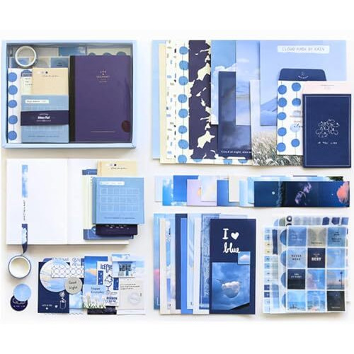 Vibevista Vintage Aesthetic Scrapbook Kit, 346 Pcs, A6 Grid Notebook, Washi , Envelopes, Scrapbook Papers, Folding Labels, Background Papers, Photo Frames, Calendar Stickers, Stickers (The Wind Chases The Clouds, Blue)