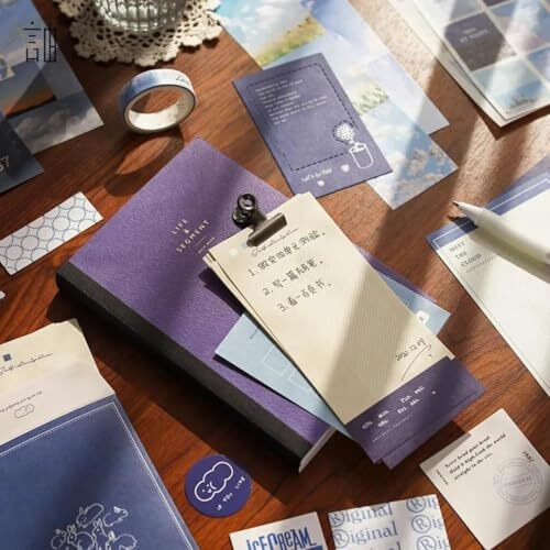 Vibevista Vintage Aesthetic Scrapbook Kit, 346 Pcs, A6 Grid Notebook, Washi , Envelopes, Scrapbook Papers, Folding Labels, Background Papers, Photo Frames, Calendar Stickers, Stickers (The Wind Chases The Clouds, Blue)