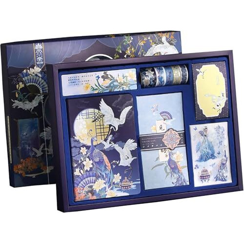 Vibe Vista Vintage Aesthetic Scrapbook Kit, 346 Pcs, A6 Grid Notebook, Washi, Envelopes, Scrapbook Papers, Folding Labels, Background Papers, Photo Frames, Calendar Stickers, Stickers (Blue Birds)