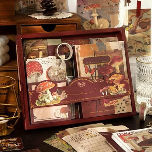 Vibe Vista Vintage Aesthetic Scrapbook Kit, 346 Pcs, A6 Grid Notebook, Washi, Envelopes, Scrapbook Papers, Folding Labels, Background Papers, Photo Frames, Calendar Stickers, Stickers (Mushroom)