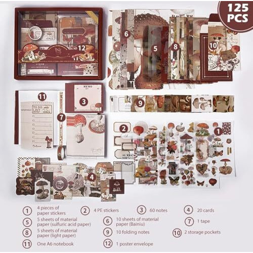 Vibe Vista Vintage Aesthetic Scrapbook Kit, 346 Pcs, A6 Grid Notebook, Washi, Envelopes, Scrapbook Papers, Folding Labels, Background Papers, Photo Frames, Calendar Stickers, Stickers (Mushroom)