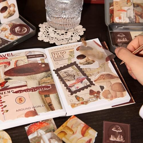 Vibe Vista Vintage Aesthetic Scrapbook Kit, 346 Pcs, A6 Grid Notebook, Washi, Envelopes, Scrapbook Papers, Folding Labels, Background Papers, Photo Frames, Calendar Stickers, Stickers (Mushroom)