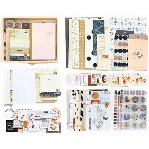 Vibevista Vintage Aesthetic Scrapbook Kit, 346 Pcs, A6 Grid Notebook, Washi , Envelopes, Scrapbook Papers, Folding Labels, Background Papers, Photo Frames, Calendar Stickers, Stickers (Rotat Street, Beige)