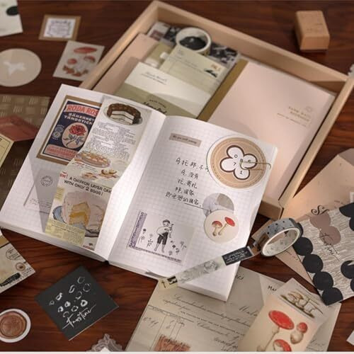 Vibevista Vintage Aesthetic Scrapbook Kit, 346 Pcs, A6 Grid Notebook, Washi , Envelopes, Scrapbook Papers, Folding Labels, Background Papers, Photo Frames, Calendar Stickers, Stickers (Rotat Street, Beige)