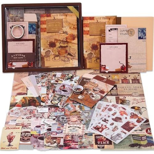 Vibevista Vintage Aesthetic Scrapbook Kit, 346 Pcs, A6 Grid Notebook, Washi , Envelopes, Scrapbook Papers, Folding Labels, Background Papers, Photo Frames, Calendar Stickers, Stickers (Coffee Bazaar, Coffee)