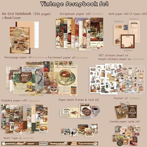 Vibevista Vintage Aesthetic Scrapbook Kit, 346 Pcs, A6 Grid Notebook, Washi , Envelopes, Scrapbook Papers, Folding Labels, Background Papers, Photo Frames, Calendar Stickers, Stickers (Coffee Bazaar, Coffee)