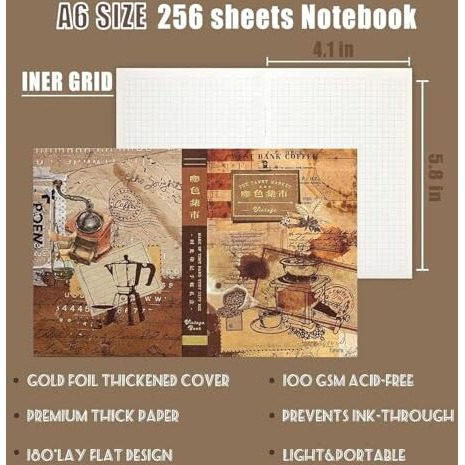 Vibevista Vintage Aesthetic Scrapbook Kit, 346 Pcs, A6 Grid Notebook, Washi , Envelopes, Scrapbook Papers, Folding Labels, Background Papers, Photo Frames, Calendar Stickers, Stickers (Coffee Bazaar, Coffee)