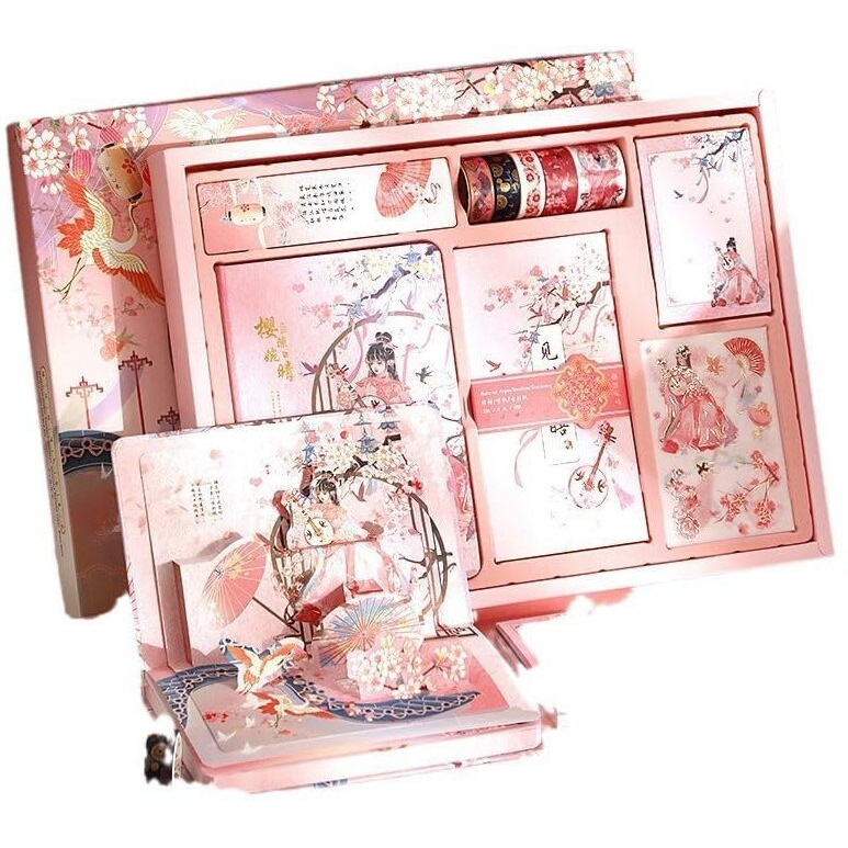 Vibe Vista Vintage Aesthetic Scrapbook Kit, 346 Pcs, A6 Grid Notebook, Washi, Envelopes, Scrapbook Papers, Folding Labels, Background Papers, Photo Frames, Calendar Stickers, Stickers (Pink Sakura)