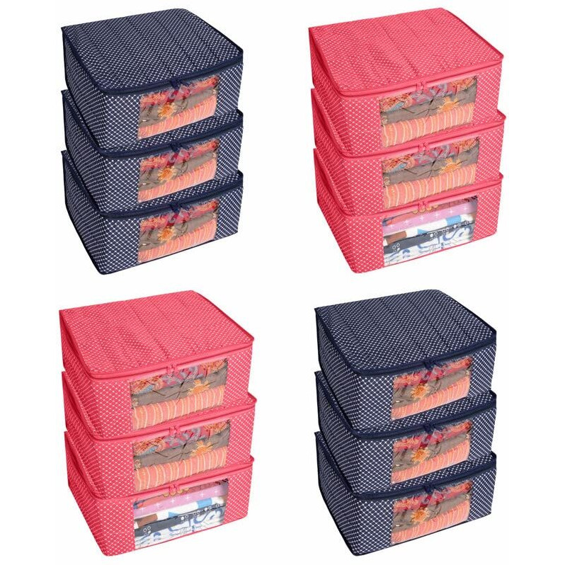 Homestrap Set Of 12 Cotton Quilted Saree Covers Combo | 3-Layered Foldable Storage Bags With Transparent Window & Zip | Premium Wardrobe Organizer For Sarees, Lehengas, Dresses | Navy Blue & Pink
