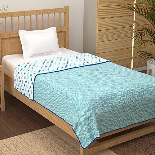 Story@Home Dohar Single Bed 100% Cotton Blankets For Summer | 144X 220Cm, 150Gsm Ac Comforter And Cooling Blankets For Summer | White & Blue | Leaf Pattern | Quilt Blanket | Ideal For Gifting