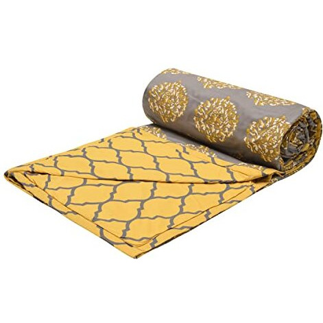 Trance Home Linen 150 Gsm Pure Cotton Reversible Dohar Double Bed Size | Ac Blanket Comforter | Soft Light-Weight Bed Blanket (84 X 88 Inch, Damask Grey Mustard, Pack Of 1), 200 Tc Summer Collection