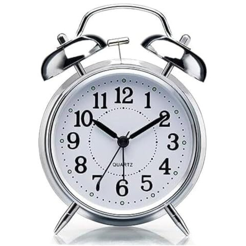 Cbk Table Clock Retro Twin Bell Metal Frame Alarm Clock With Night Backlight Function & Silent Motion, High Volume Bedside Luminous Alarm For Bedroom/Office (Silver Clock), Analog, 3.81 Cm