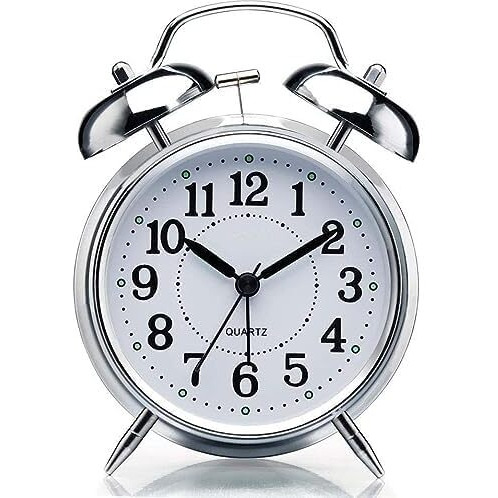 Cbk Table Clock Retro Twin Bell Metal Frame Alarm Clock With Night Backlight Function & Silent Motion, High Volume Bedside Luminous Alarm For Bedroom/Office (Silver Clock), Analog, 3.81 Cm