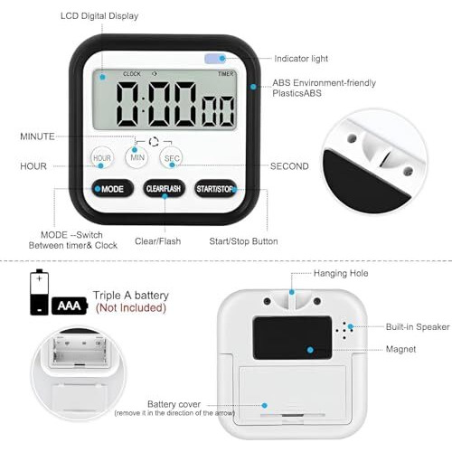Cbk Digital Kitchen Timer & Stopwatch With Back Stand, Loud Alarm, And Large Digit Countdown Perfect For Baking, Cooking, And Stop Watch Timer For Student Study Table Accessories (Black)