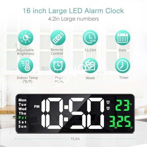 Cbk Digital Alarm Wall Clock Table Clock 16.2 Inch Large Led Display Digital Clock With Remote Control/Automatic Brightness Dimmer With Date Week Temperature (Font Colors May Vary)