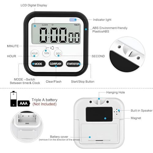 Cbk Digital Kitchen Timer & Stopwatch - Large Digit Countdown, Loud Alarm With Back Stand Ideal For Cooking, Baking, Stop Watch Timer For Study Table Accessories For Students (Multi-Colour)