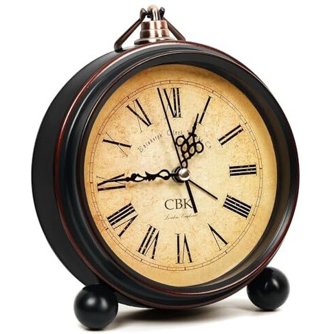 Cbk Table Clock Retro Twin Bell Metal Frame Alarm Clock & Silent Motion, High Volume Bedside Luminous Alarm For Bedroom/Office (Roman Vintage)