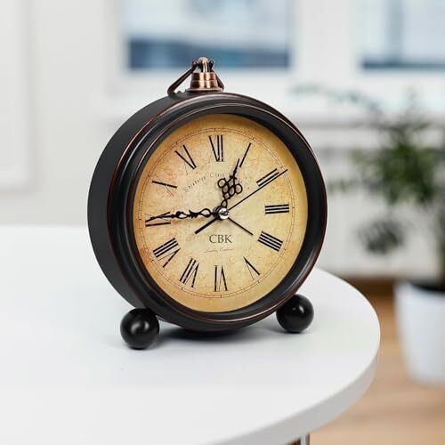 Cbk Table Clock Retro Twin Bell Metal Frame Alarm Clock & Silent Motion, High Volume Bedside Luminous Alarm For Bedroom/Office (Roman Vintage)