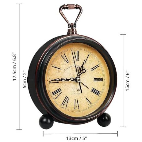 Cbk Table Clock Retro Twin Bell Metal Frame Alarm Clock & Silent Motion, High Volume Bedside Luminous Alarm For Bedroom/Office (Roman Vintage)