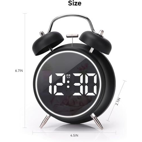 Cbk Honeytime Digital Alarm Clock, 4.5 Inch Twin Bell Intelligent Led Alarm Clock, Silent Metal Clock With Night Light, Bedside Loud Alarm Clock For Adults Kids Teenager (Big Black)