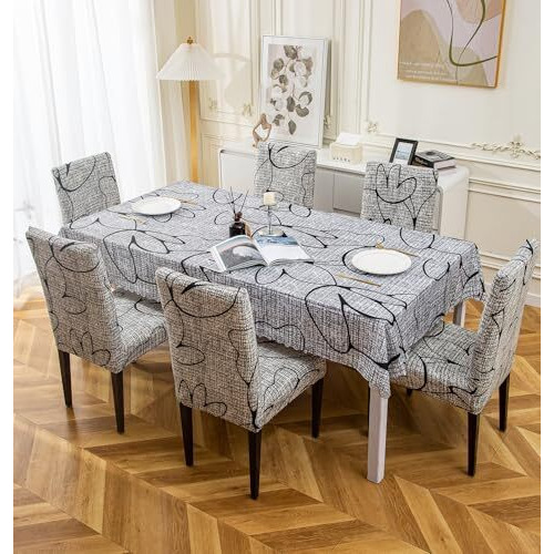 House Of Quirk Dining Table Cover Waterproof For Kitchen Dining, Polyester Table Cloth Dust And Oil Repellent, Kitchen Dcor (140X180Cm, Grey Bloom, 1 Table Cover + 4 Chair Cover), Rectangular