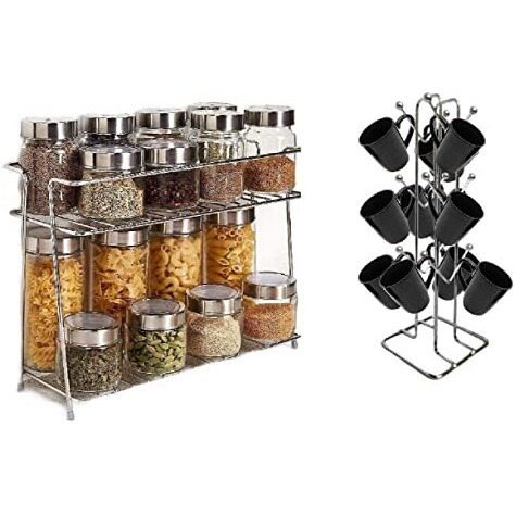 Zepdos Stainless Steel Spice Rack For Kitchen With V Shape Cup Stand For Dinning Table, Stands And Racks, 2 Tier Kitchen Rack, 12 Cup Holder Stand For Kitchen, Multipurpose Storage Rack (Pack Of 2)