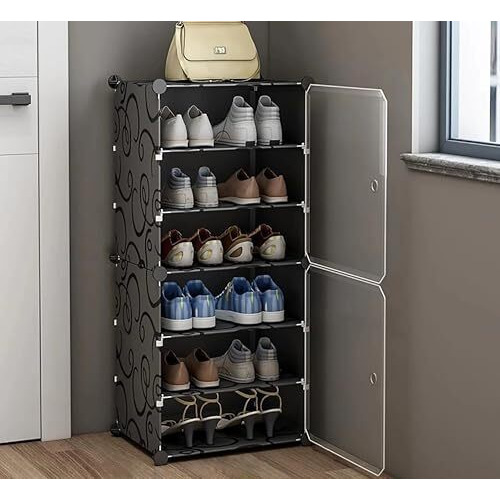 Aysis 6 Shelf Diy Shoe Rack Box Organizer ^ Multi-Purpose Plastic Shoe Rack For Home, Pp Plastic Home Shoe Rack With Door For Entryway, Chappal Slipper Shoe Standblack Standing, 6-Shelf-2-Door
