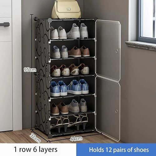 Aysis 6 Shelf Diy Shoe Rack Box Organizer ^ Multi-Purpose Plastic Shoe Rack For Home, Pp Plastic Home Shoe Rack With Door For Entryway, Chappal Slipper Shoe Standblack Standing, 6-Shelf-2-Door