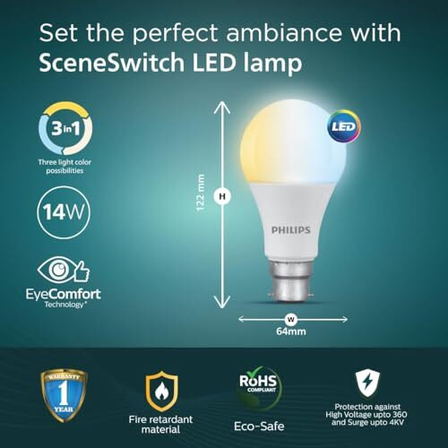 Philips 14-Watt Led Bulb | 3 Colours In 1 Led Bulb | Scene Switch Bulb For Home & Decoration | Colour  Tunable White, Pack Of 6