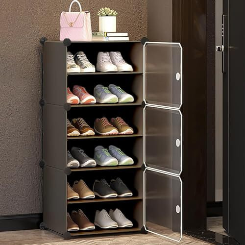Aysis 6 Shelf Diy Shoe Rack Box Organizer ^ Multi-Purpose Plastic Shoe Rack For Home, Pp Plastic Home Shoe Rack With Door For Entryway, Chappal Slipper Shoe Standgrey, 6-Shelf-3-Door