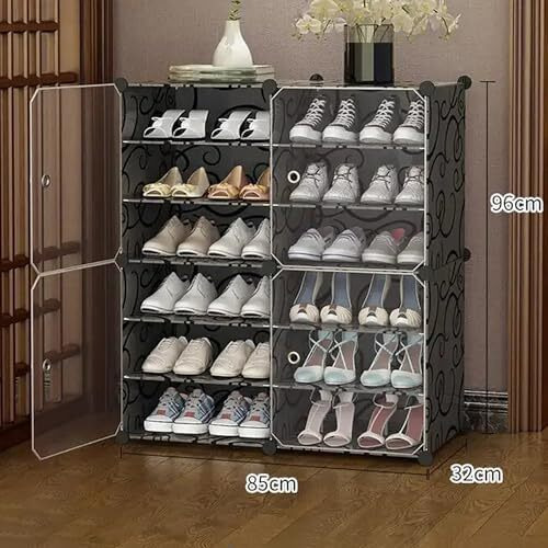 Aysis 12 Shelf Diy Shoe Rack Box Organizer ^ Multi-Purpose Plastic Shoe Rack For Home, Pp Plastic Home Shoe Rack With Door For Entryway, Chappal Slipper Shoe Standblack, 12-Shelf-4-Door