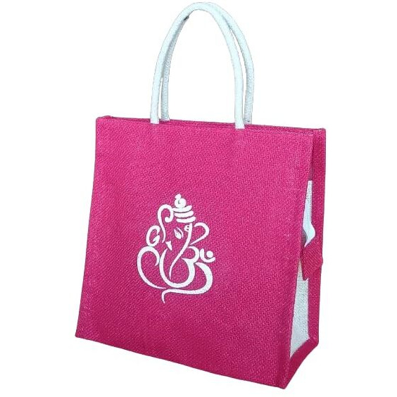 Soman Jute Ecofriendly Return Gift Bags Ganesha Printed With Zip Pink Pack Of 10 Bags