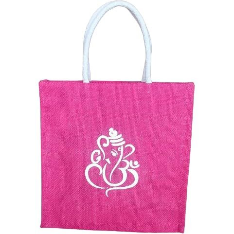 Soman Jute Ecofriendly Return Gift Bags Ganesha Printed With Zip Pink Pack Of 10 Bags