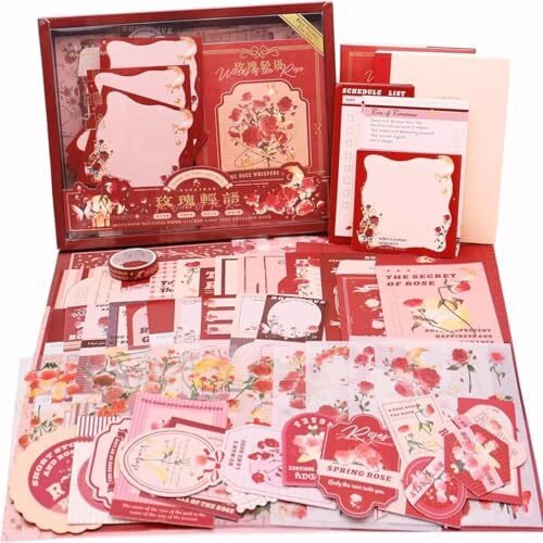 Vibevista Vintage Aesthetic Scrapbook Kit, 346 Pcs, A6 Grid Notebook, Washi , Envelopes, Scrapbook Papers, Folding Labels, Background Papers, Photo Frames, Calendar Stickers, Stickers (The Words Of The Rose, Rose)