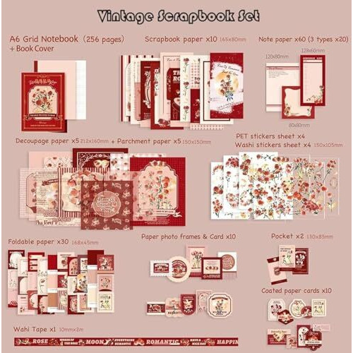 Vibevista Vintage Aesthetic Scrapbook Kit, 346 Pcs, A6 Grid Notebook, Washi , Envelopes, Scrapbook Papers, Folding Labels, Background Papers, Photo Frames, Calendar Stickers, Stickers (The Words Of The Rose, Rose)
