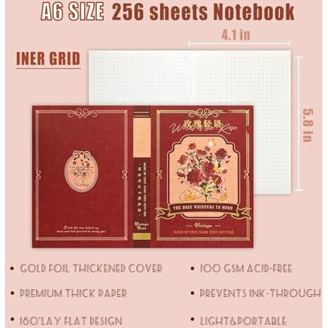 Vibevista Vintage Aesthetic Scrapbook Kit, 346 Pcs, A6 Grid Notebook, Washi , Envelopes, Scrapbook Papers, Folding Labels, Background Papers, Photo Frames, Calendar Stickers, Stickers (The Words Of The Rose, Rose)
