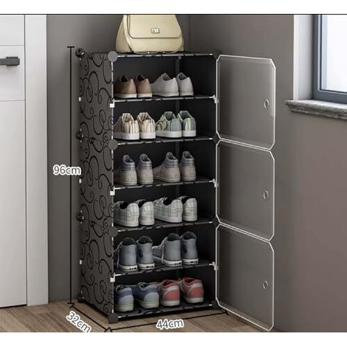 Aysis 6 Shelf Diy Shoe Rack Box Organizer ^ Multi-Purpose Plastic Shoe Rack For Home, Pp Plastic Home Shoe Rack With Door For Entryway, Chappal Slipper Shoe Standblack, 6-Shelf-3-Door